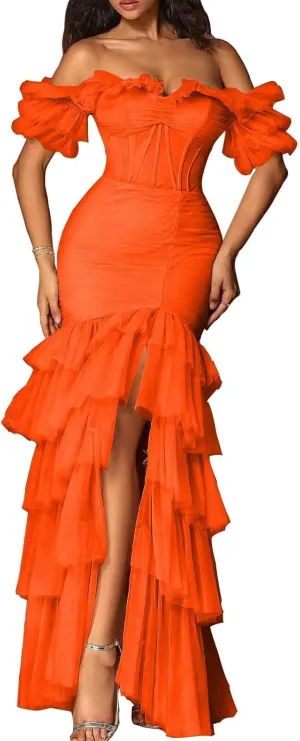 Off Shoulder Tiered Tulle Prom Dresses Long Mermaid Ruffle Slit Formal Evening Party Gowns