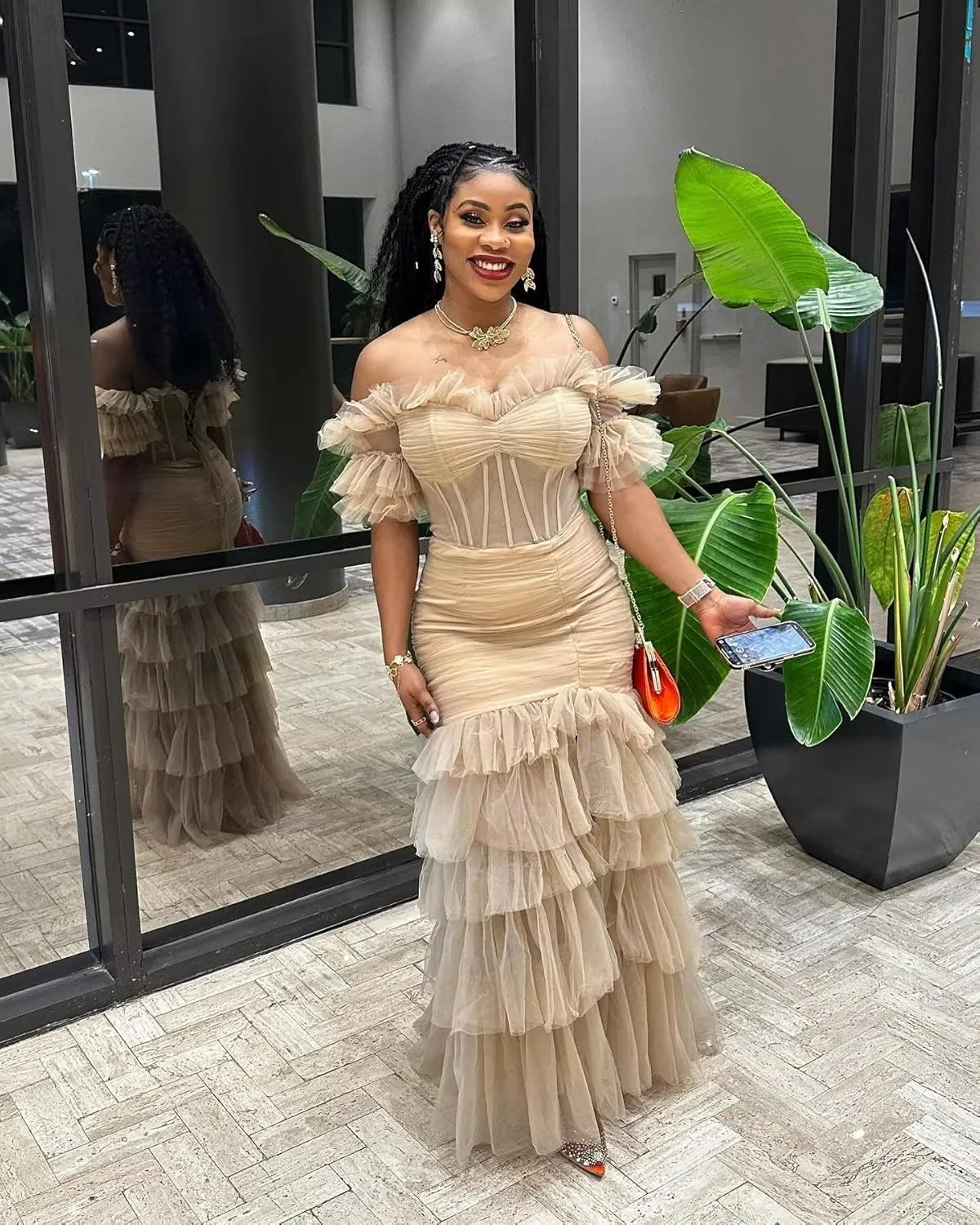 Off Shoulder Tiered Tulle Prom Dresses Long Mermaid Ruffle Slit Formal Evening Party Gowns