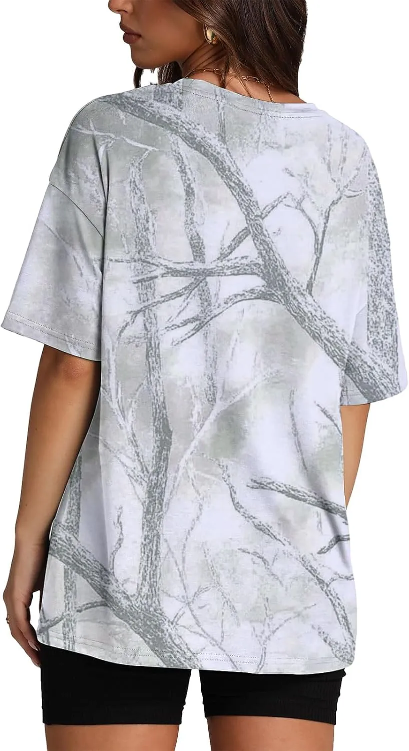 Oversized Camo T Shirts for Women Maple Leaf Print Shirt Crew Neck Trendy Blouses Loose Casual Tee Tops for Beach