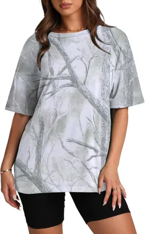 Oversized Camo T Shirts for Women Maple Leaf Print Shirt Crew Neck Trendy Blouses Loose Casual Tee Tops for Beach