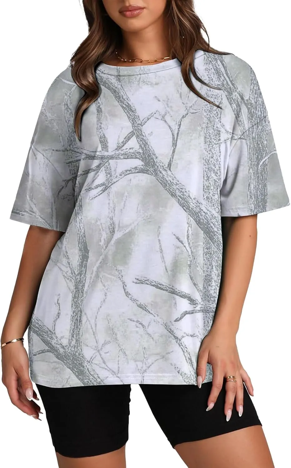 Oversized Camo T Shirts for Women Maple Leaf Print Shirt Crew Neck Trendy Blouses Loose Casual Tee Tops for Beach