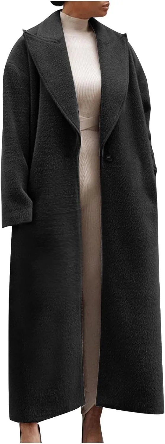 Oversized Trench Coat for Women Wool Blend Jackets Open Front Ankle Length Long Sleeve Lapel Comfy Warm Overcoat