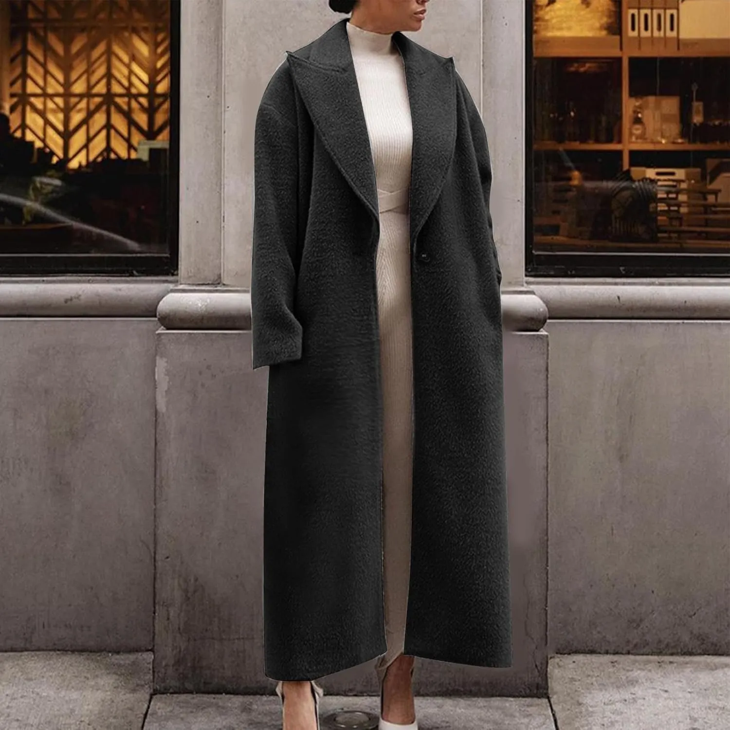 Oversized Trench Coat for Women Wool Blend Jackets Open Front Ankle Length Long Sleeve Lapel Comfy Warm Overcoat