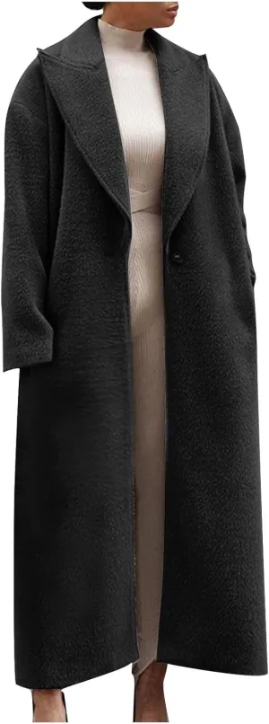 Oversized Trench Coat for Women Wool Blend Jackets Open Front Ankle Length Long Sleeve Lapel Comfy Warm Overcoat