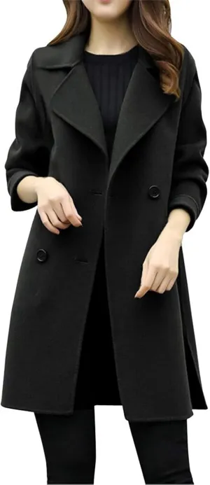 Pea Coat for Women Double Breasted Notched Lapel Coats Blend Wool Winter Warm Overcoat Woolen Long Jackets Outwear