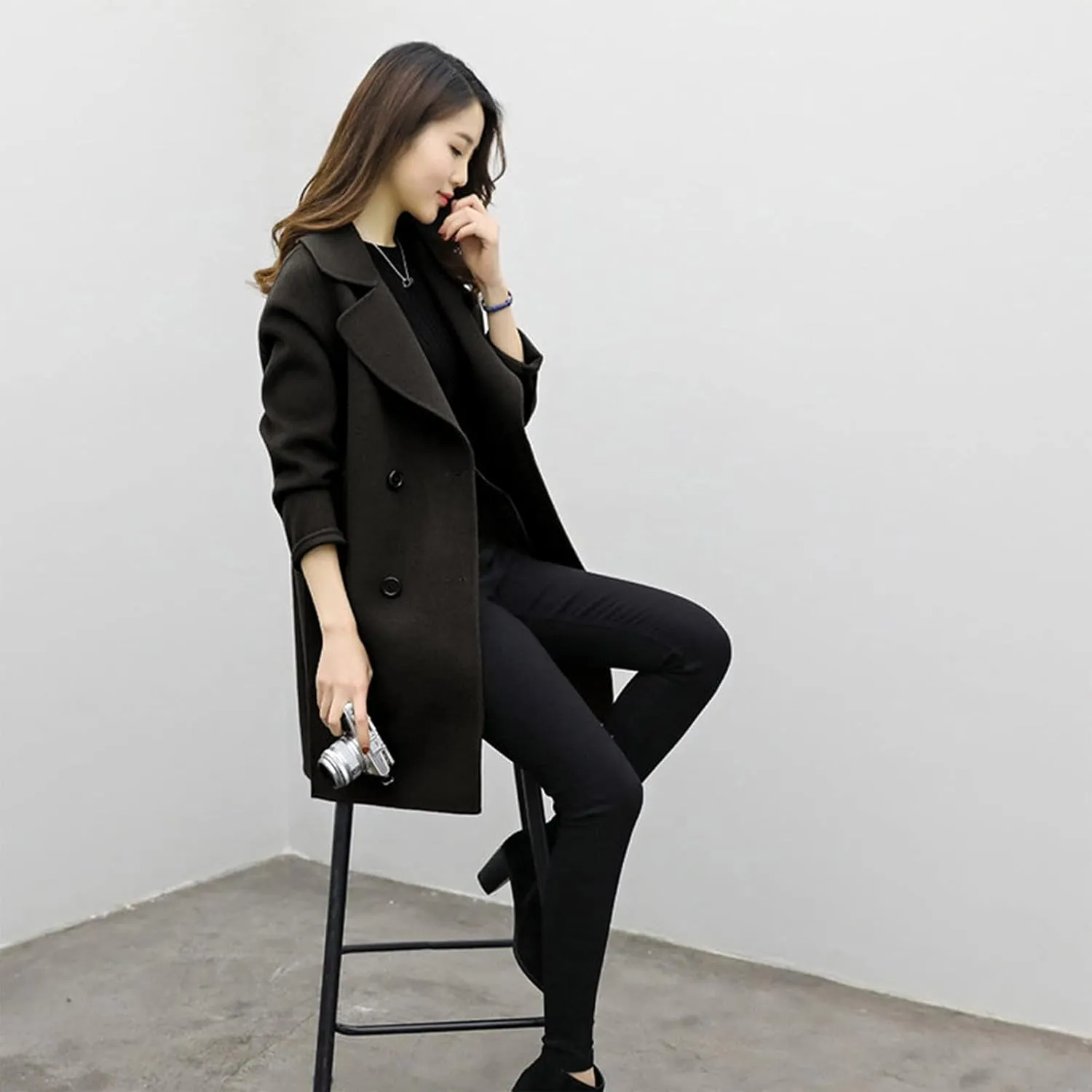 Pea Coat for Women Double Breasted Notched Lapel Coats Blend Wool Winter Warm Overcoat Woolen Long Jackets Outwear