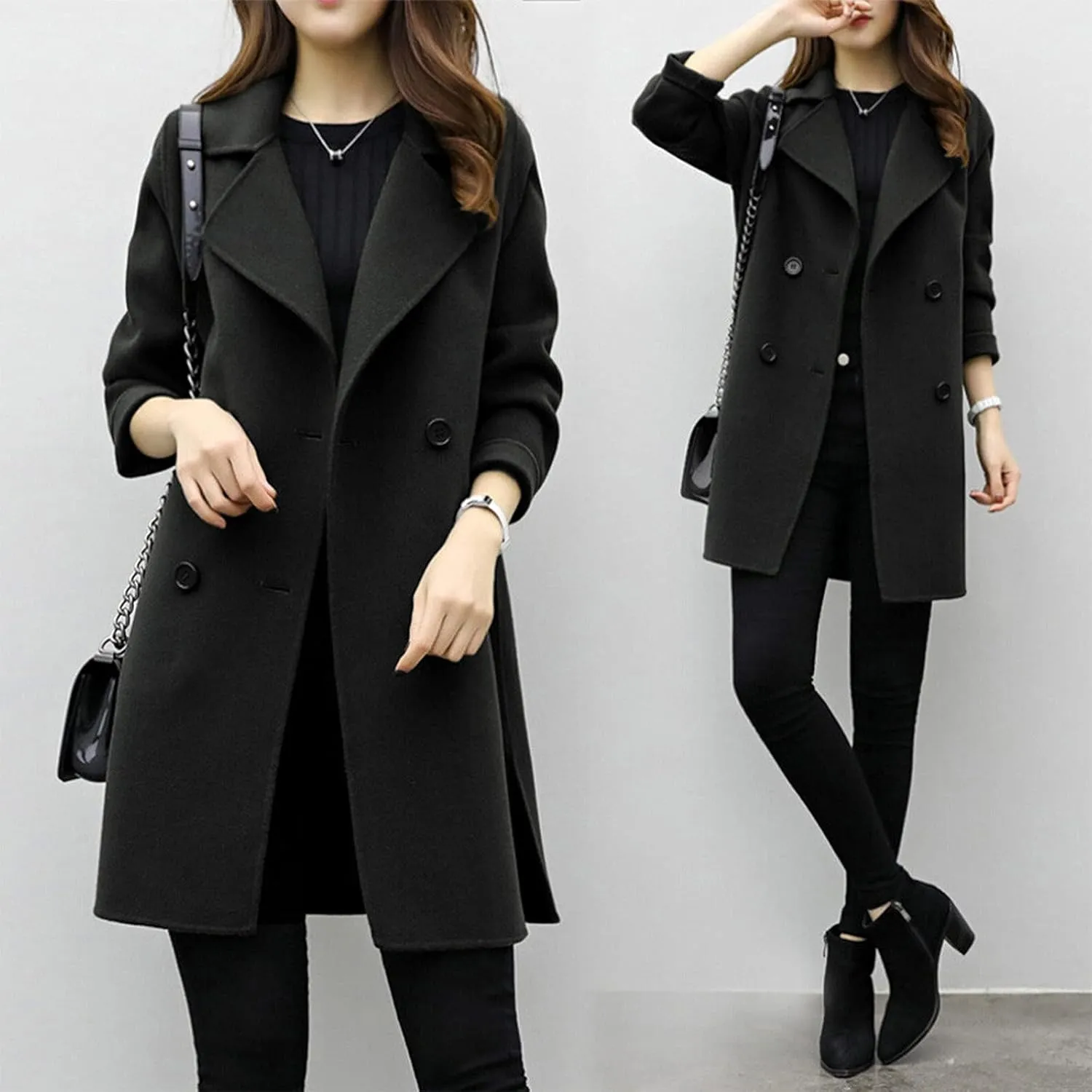 Pea Coat for Women Double Breasted Notched Lapel Coats Blend Wool Winter Warm Overcoat Woolen Long Jackets Outwear