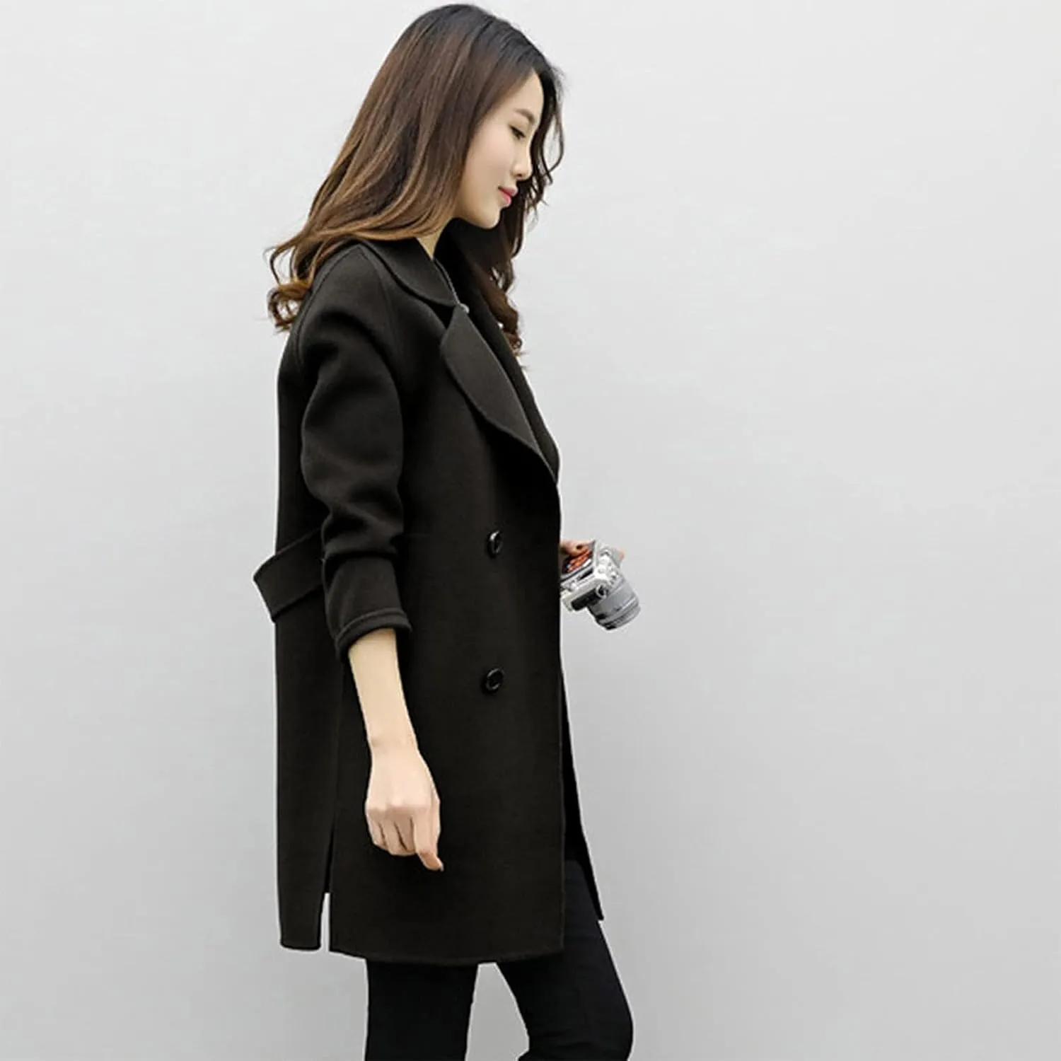 Pea Coat for Women Double Breasted Notched Lapel Coats Blend Wool Winter Warm Overcoat Woolen Long Jackets Outwear