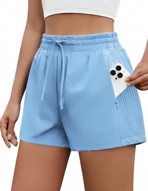 PINSPARK Running Shorts for Women Mesh Liner Athletic Shorts 2 in 1 Quick Dry Workout Short High-Rise Tennis Shorts with Pockets Light Blue M