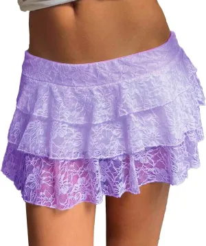 Pleated Skirts for Women Low Rise Lace Mesh Ruffle Hem A-Line Y2K Sexy Mini Skirts for Girls Fashion Trendy Streetwear
