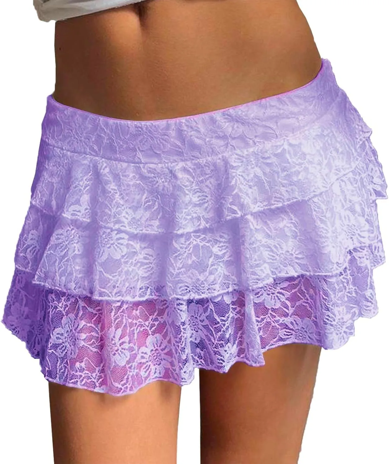 Pleated Skirts for Women Low Rise Lace Mesh Ruffle Hem A-Line Y2K Sexy Mini Skirts for Girls Fashion Trendy Streetwear