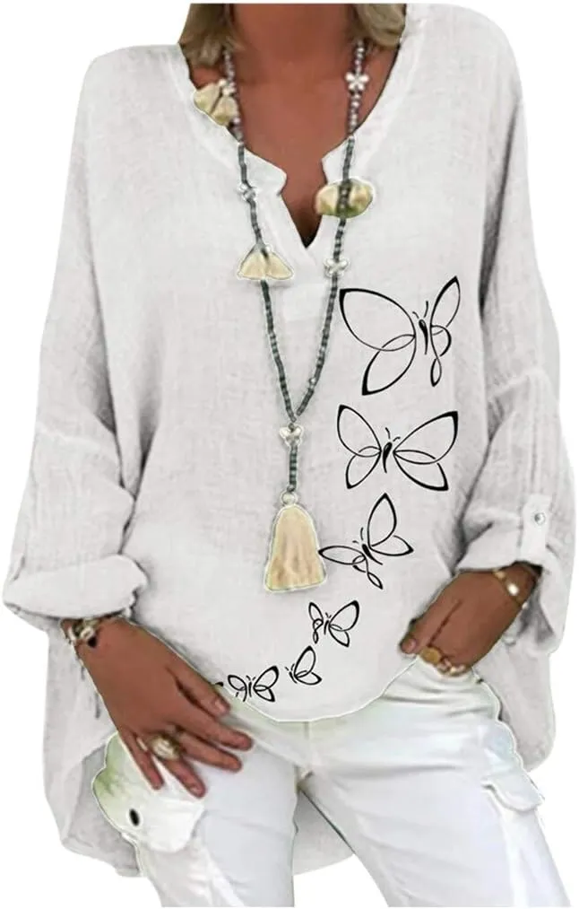 Plus Size Tops for Women Summer Boho Womens Long Sleeve Cotton Linen Kaftan Ladies Baggy Blouse Tee Shirt Tops