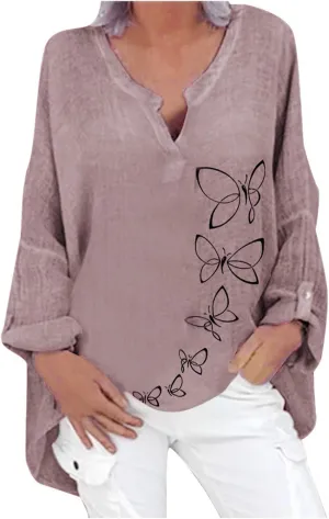 Plus Size Tops for Women Summer Boho Womens Long Sleeve Cotton Linen Kaftan Ladies Baggy Blouse Tee Shirt Tops