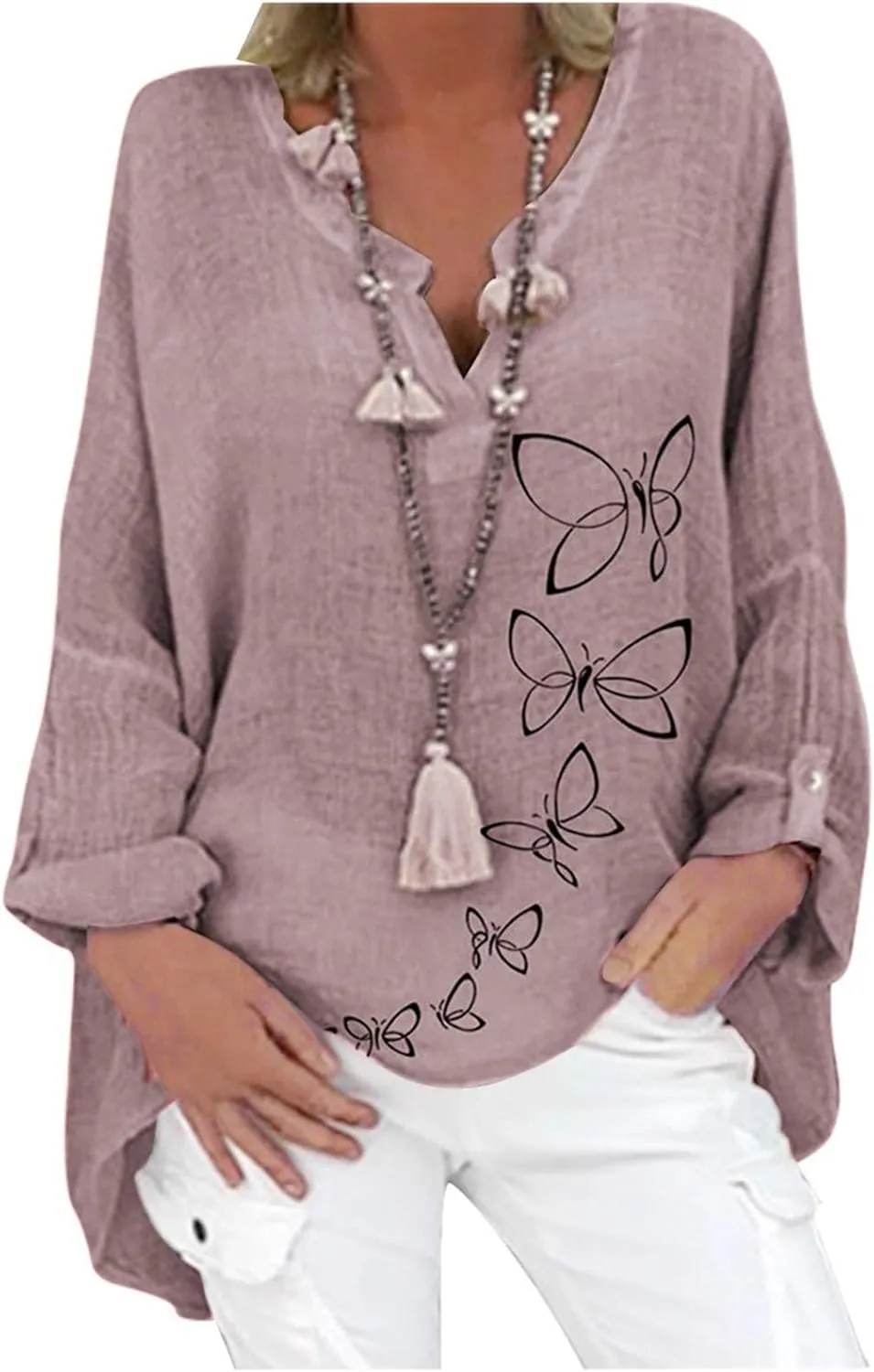 Plus Size Tops for Women Summer Boho Womens Long Sleeve Cotton Linen Kaftan Ladies Baggy Blouse Tee Shirt Tops