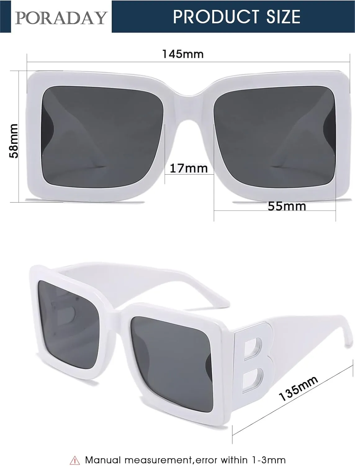 PORADAY Fashion Large Square Sunglasses for Women Men Trendy Black Thick Frame Luxury Designer Sun Glasses Modern Big Frame