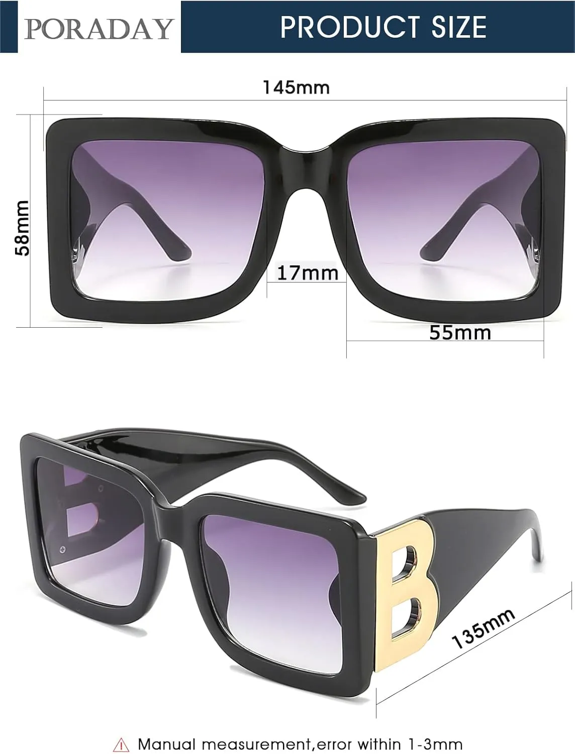 PORADAY Fashion Large Square Sunglasses for Women Men Trendy Black Thick Frame Luxury Designer Sun Glasses Modern Big Frame