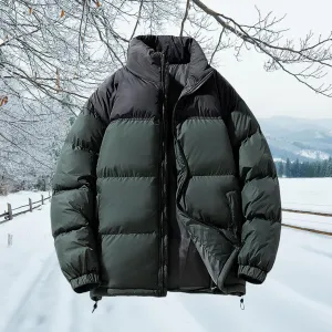 Puffer Jacket Unisex Stand Collar Zip Up Jacket Quilted Down Fleece Coat Loose Fit Warm Coat Tops with Zipper Pockets