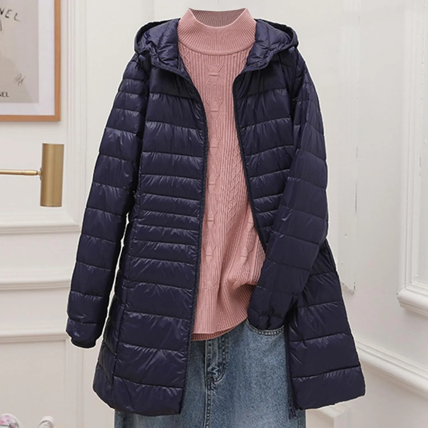 Puffer Jackets Women Lightweight Full Zipper Quilted Jacket Long Sleeve down Jackets Winter Outerwear with Hood