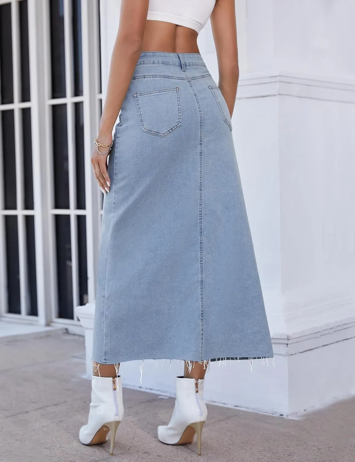 Qazel Vorrlon Long Denim Skirts for Women High Waisted A Line Jean Skirt Stretchy Denim Maxi Skirt 2023 Trendy Y2K