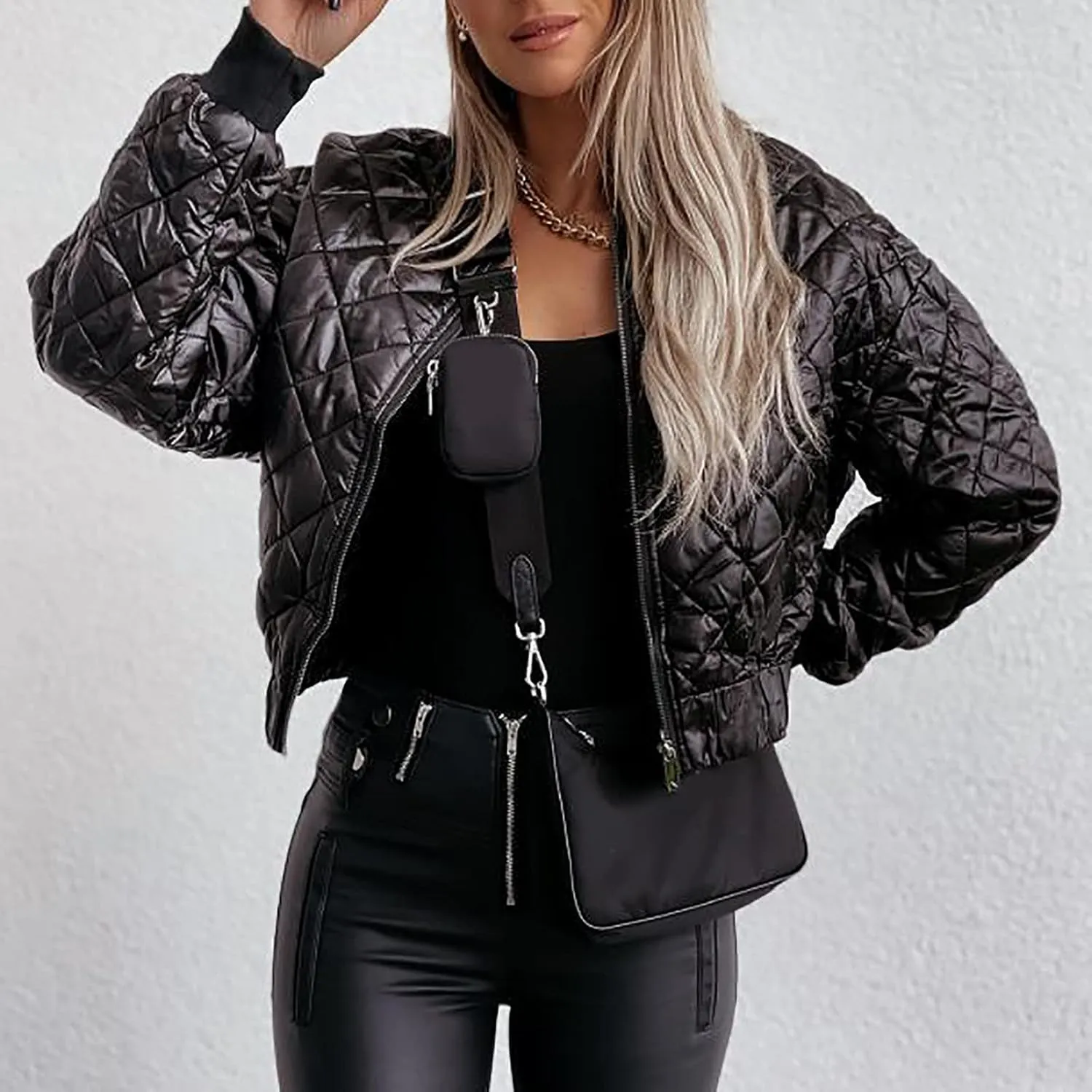 Quilted Bomber Jacket Women Full Zip Puffer Coat Short Diamond Down Jackets Cuff Raglan Long Sleeve Jackets