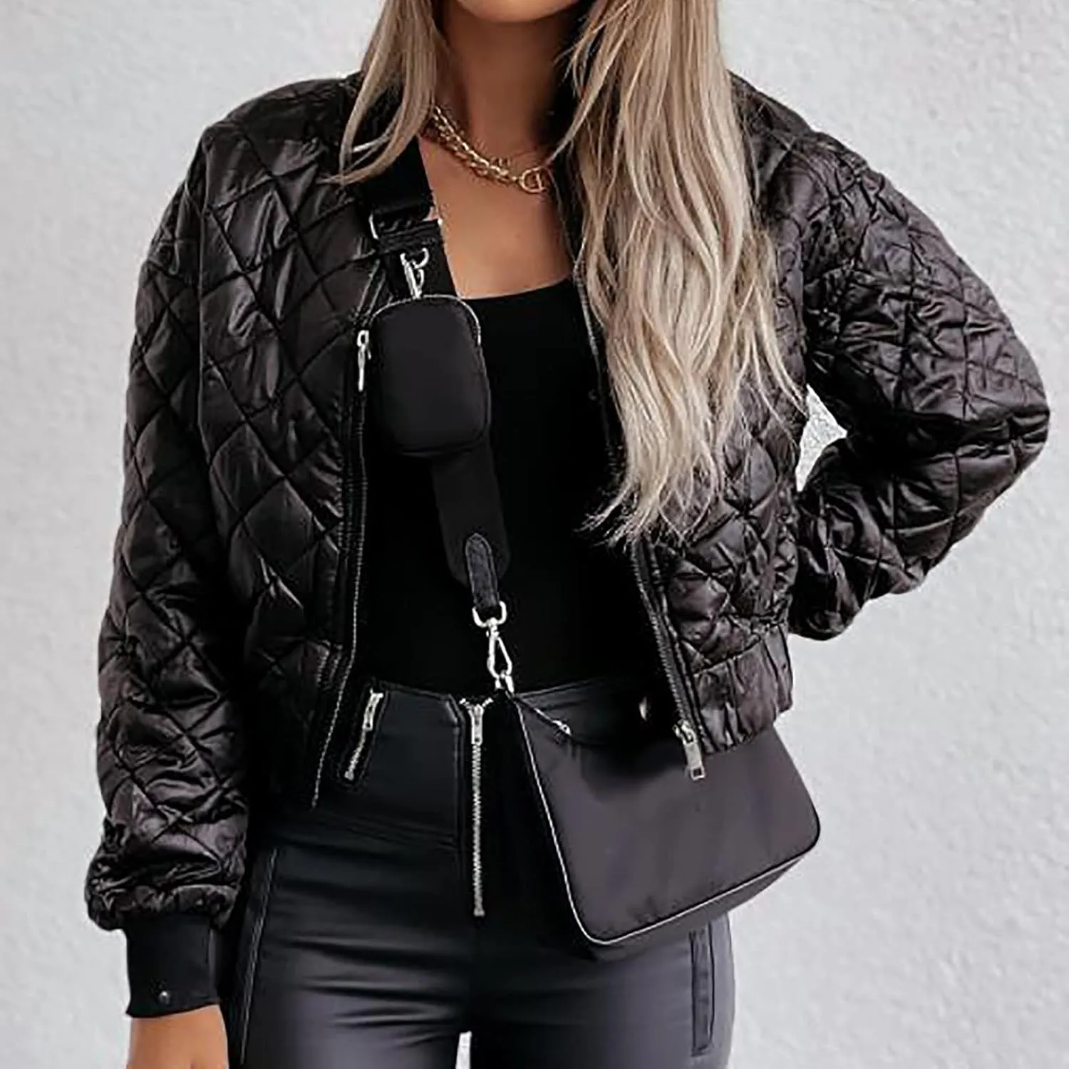 Quilted Bomber Jacket Women Full Zip Puffer Coat Short Diamond Down Jackets Cuff Raglan Long Sleeve Jackets