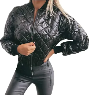 Quilted Bomber Jacket Women Full Zip Puffer Coat Short Diamond Down Jackets Cuff Raglan Long Sleeve Jackets