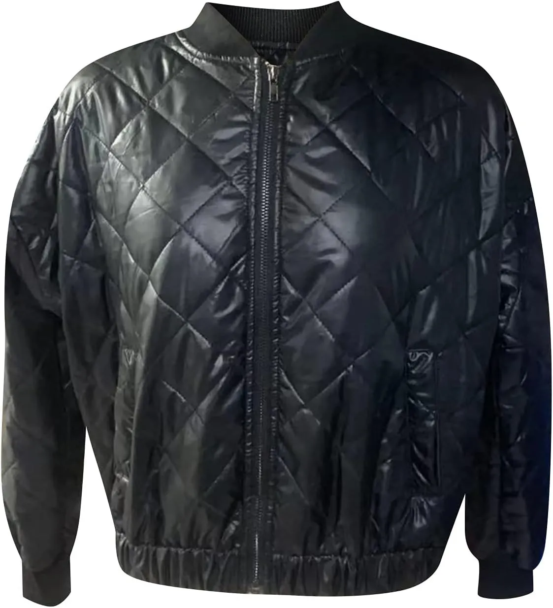 Quilted Bomber Jacket Women Full Zip Puffer Coat Short Diamond Down Jackets Cuff Raglan Long Sleeve Jackets