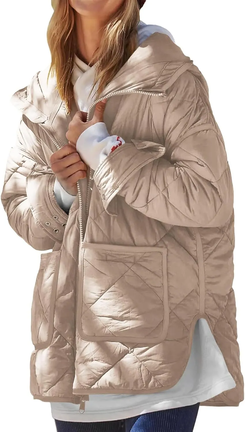 Quilted Jackets for Women Lightweight Puffer Jacket Hooded Long Sleeve Zip Up Winter Coat Dolman Warm Outwear Pockets