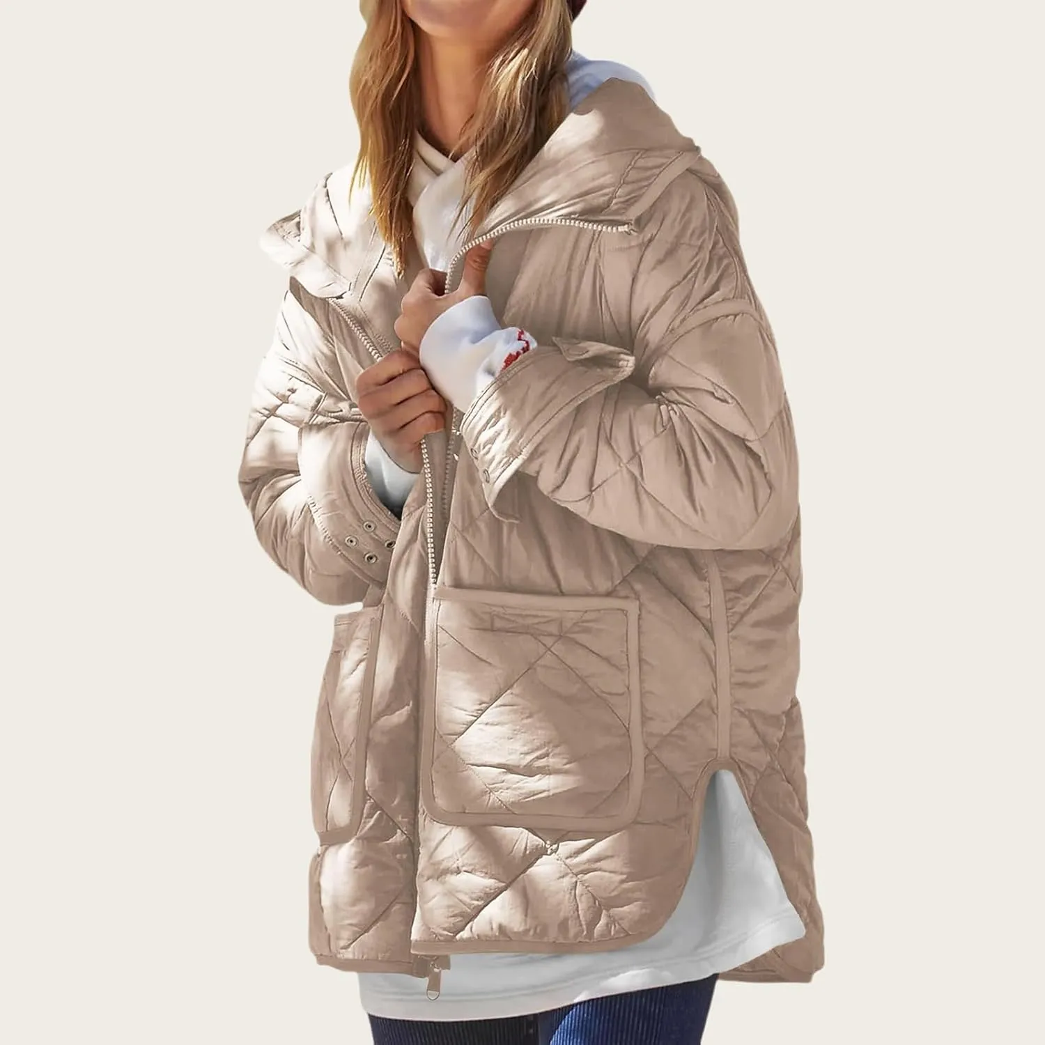 Quilted Jackets for Women Lightweight Puffer Jacket Hooded Long Sleeve Zip Up Winter Coat Dolman Warm Outwear Pockets