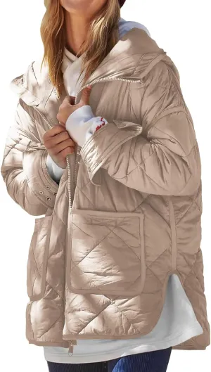 Quilted Jackets for Women Lightweight Puffer Jacket Hooded Long Sleeve Zip Up Winter Coat Dolman Warm Outwear Pockets