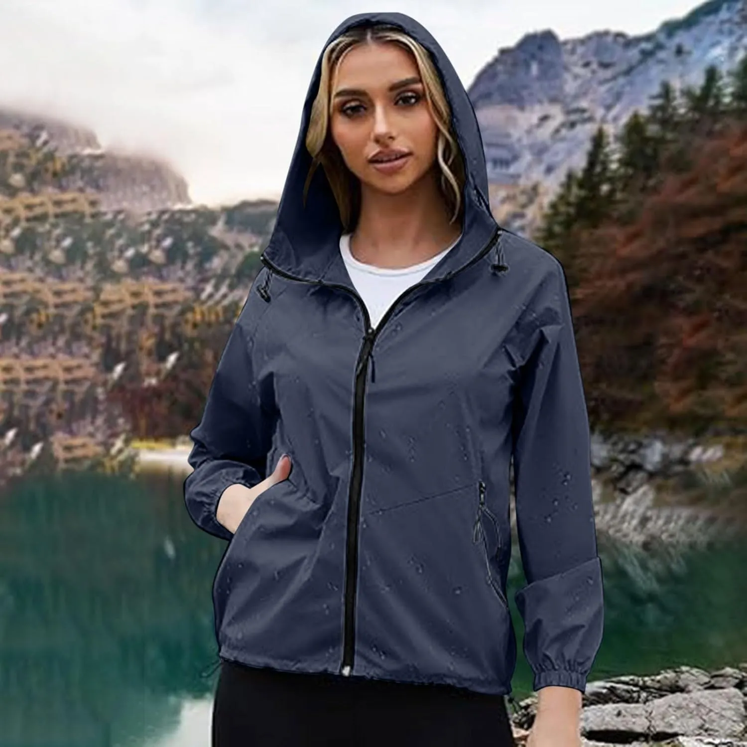 Rain Jacket Women Lightweight Raincoat Waterproof Windbreaker Packable Climbing Outdoor Cute Hooded Trench Coats