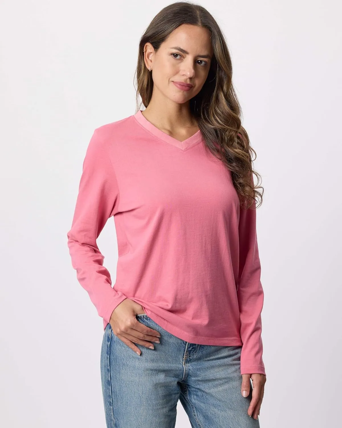 Real Essentials 4 Pack: Women's V-Neck Cotton Long-Sleeve T-Shirt (Available in Plus Size)