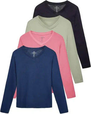 Real Essentials 4 Pack: Women's V-Neck Cotton Long-Sleeve T-Shirt (Available in Plus Size)