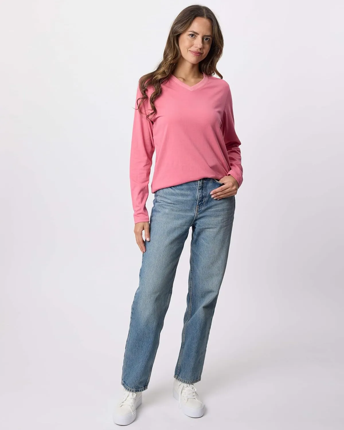 Real Essentials 4 Pack: Women's V-Neck Cotton Long-Sleeve T-Shirt (Available in Plus Size)