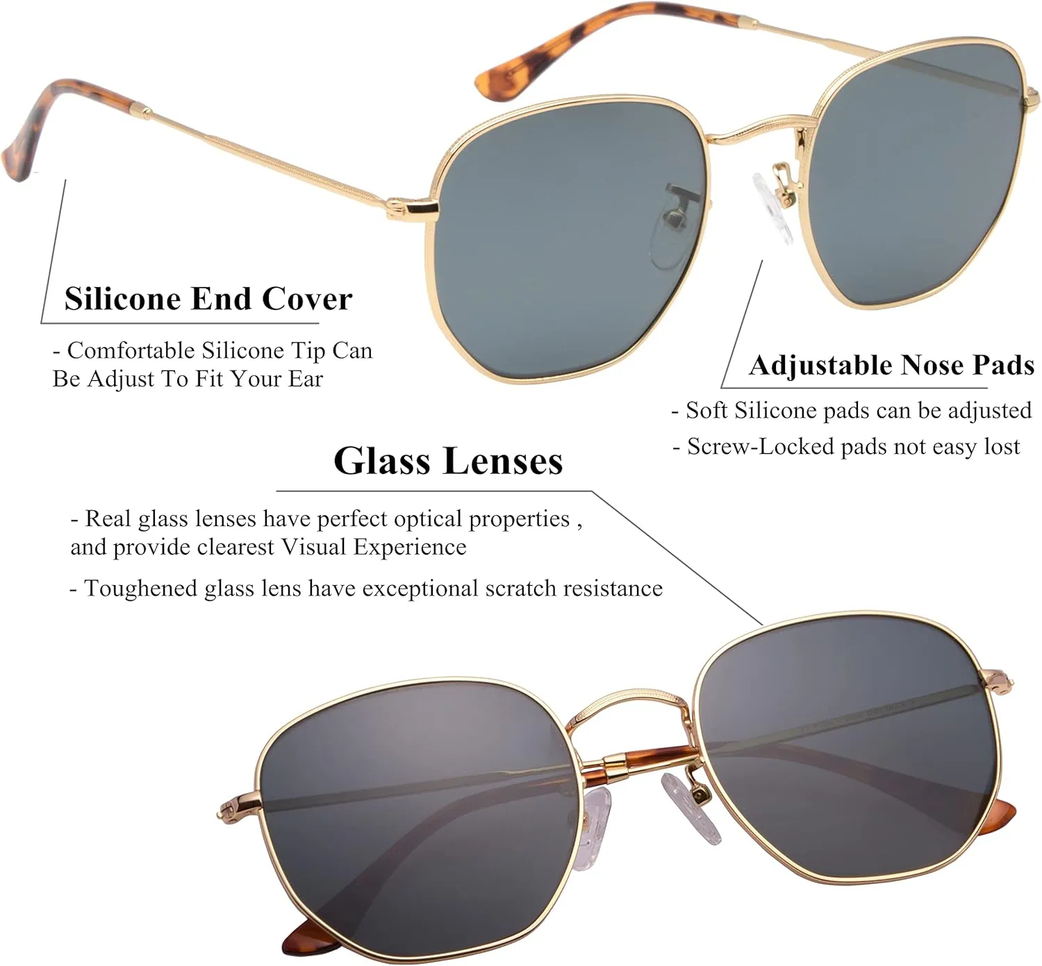 Retro Glass Lens Hexagonal Sunglasses for Men Women Vintage Square Metal Frame Flat Lens Sun glasses
