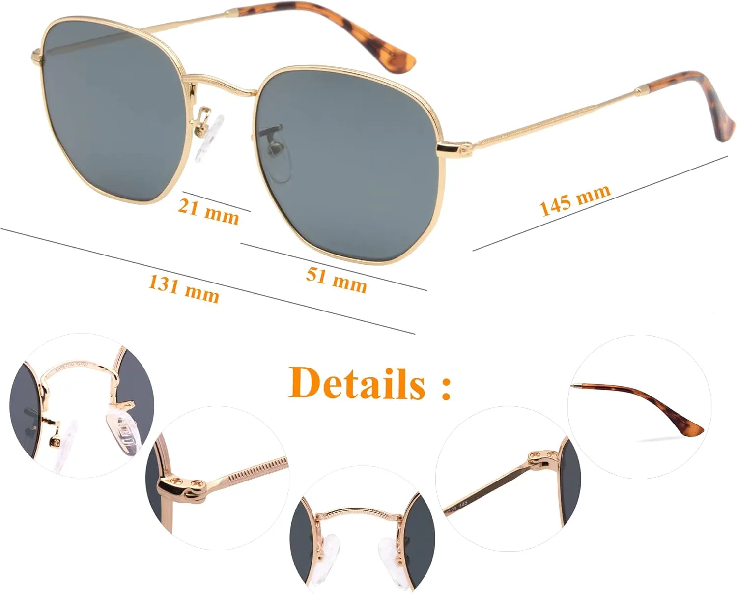 Retro Glass Lens Hexagonal Sunglasses for Men Women Vintage Square Metal Frame Flat Lens Sun glasses
