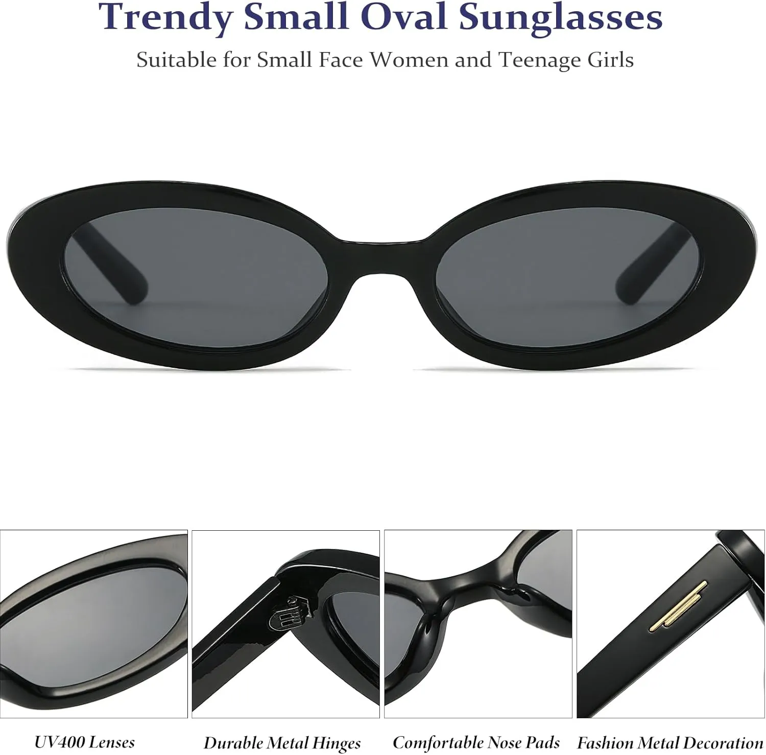 Retro Oval Sunglasses for Women 90s Vintage Womens Tiny Small Oval Glasses Fashion Black Cat Eye Shades