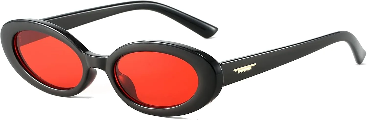 Retro Oval Sunglasses for Women 90s Vintage Womens Tiny Small Oval Glasses Fashion Black Cat Eye Shades
