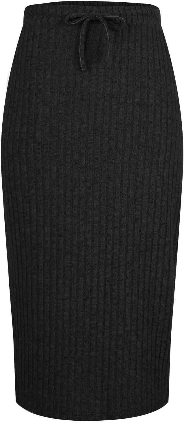 Ribbed Knit Pencil Skirt for Women Solid Color Elastic High Waist Drawstring Skirts Casual Office Work Bodycon Skirt