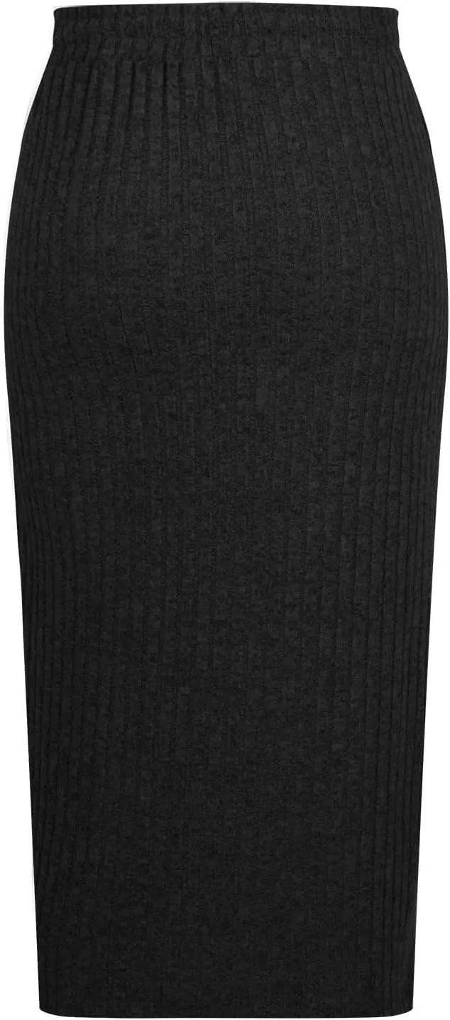 Ribbed Knit Pencil Skirt for Women Solid Color Elastic High Waist Drawstring Skirts Casual Office Work Bodycon Skirt