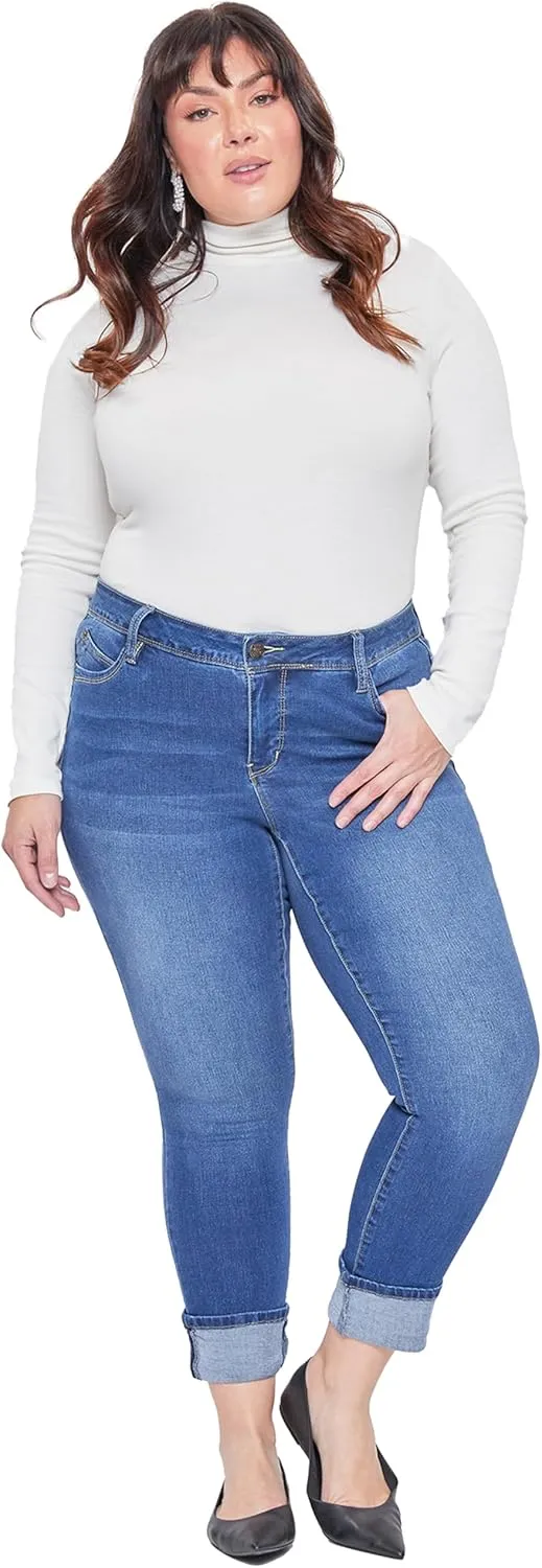 Royalty For Me Women's Plus Wannabettabutt Mid-Rise Mega Cuff Ankle Jean, Medium Blue, 24W