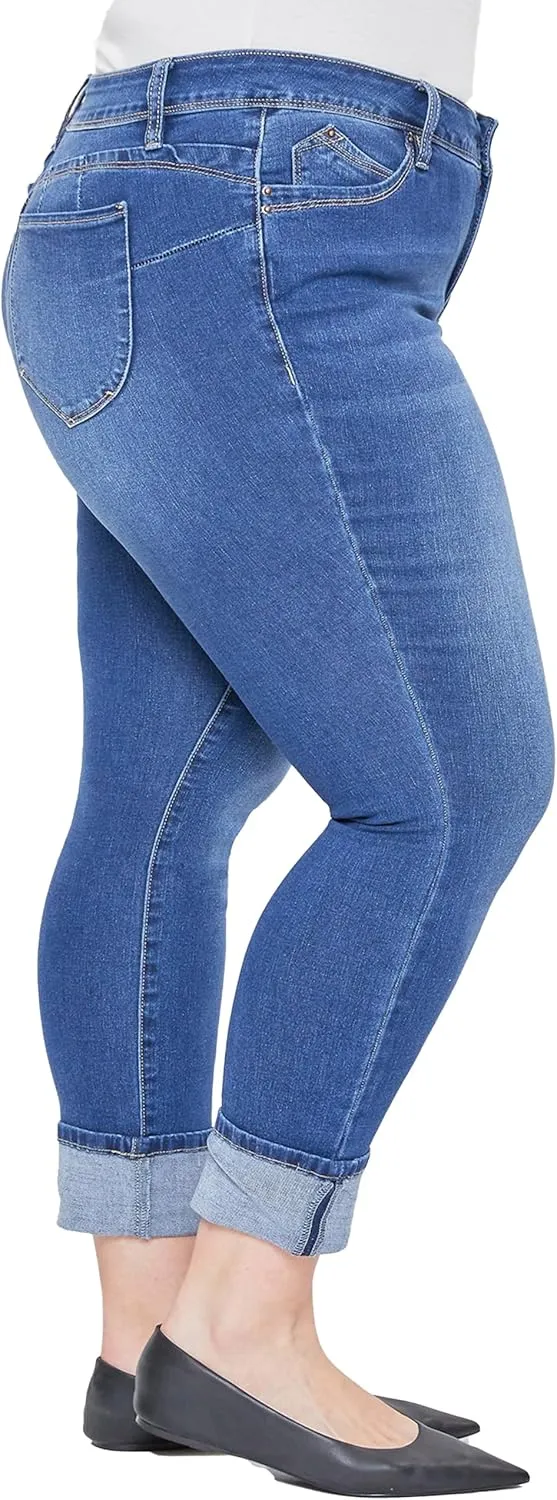 Royalty For Me Women's Plus Wannabettabutt Mid-Rise Mega Cuff Ankle Jean, Medium Blue, 24W