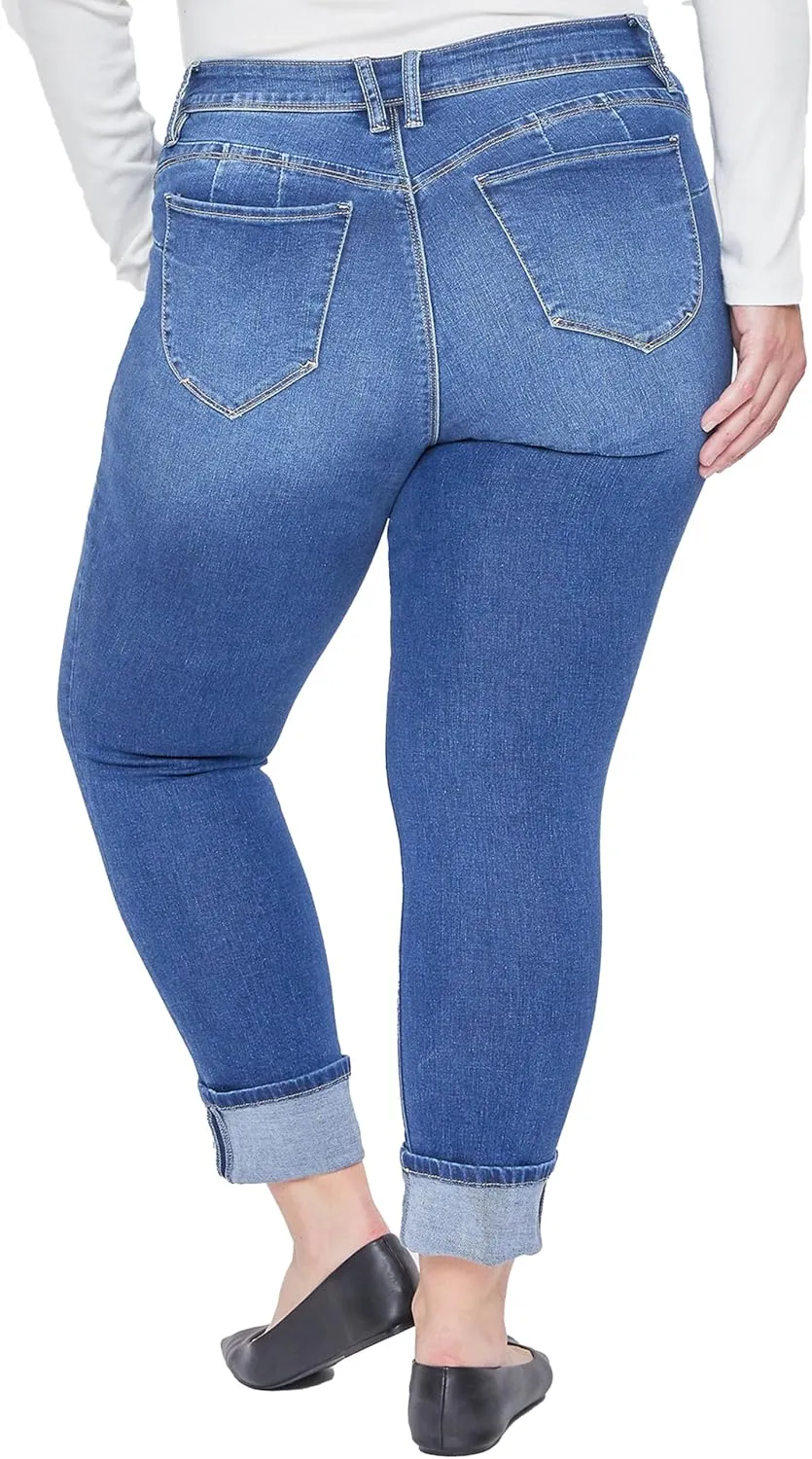 Royalty For Me Women's Plus Wannabettabutt Mid-Rise Mega Cuff Ankle Jean, Medium Blue, 24W
