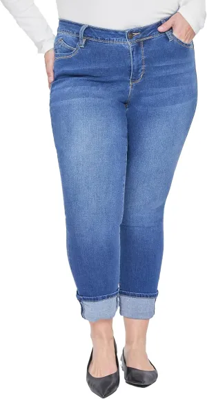 Royalty For Me Women's Plus Wannabettabutt Mid-Rise Mega Cuff Ankle Jean, Medium Blue, 24W
