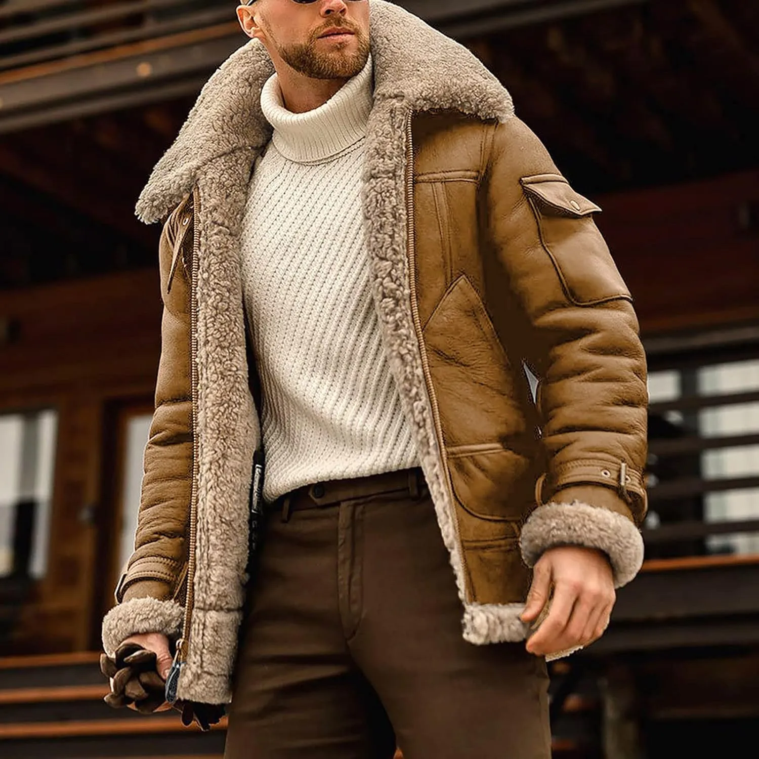 RTRDE Men's Jackets Fashion Faux Leather Sherpa Lined Bomber Jacket Winter Warm Turn-Down Collar Coats Jacket, M-5XL