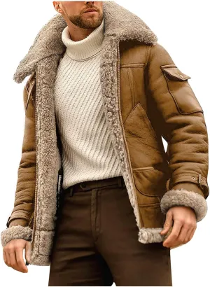 RTRDE Men's Jackets Fashion Faux Leather Sherpa Lined Bomber Jacket Winter Warm Turn-Down Collar Coats Jacket, M-5XL