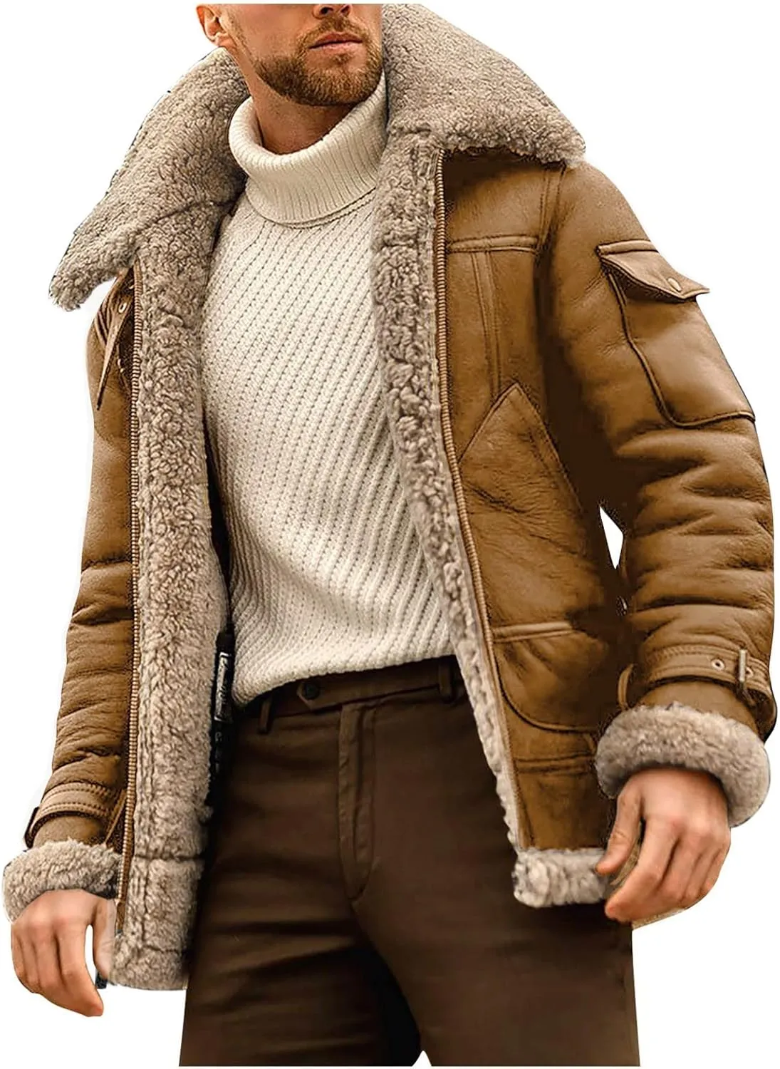 RTRDE Men's Jackets Fashion Faux Leather Sherpa Lined Bomber Jacket Winter Warm Turn-Down Collar Coats Jacket, M-5XL