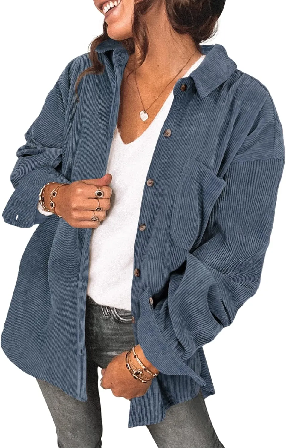Saslax Womens Corduroy Shirt Long Sleeve Oversized Button Up V Neck Blouses Tops Loose Shacket Jacket