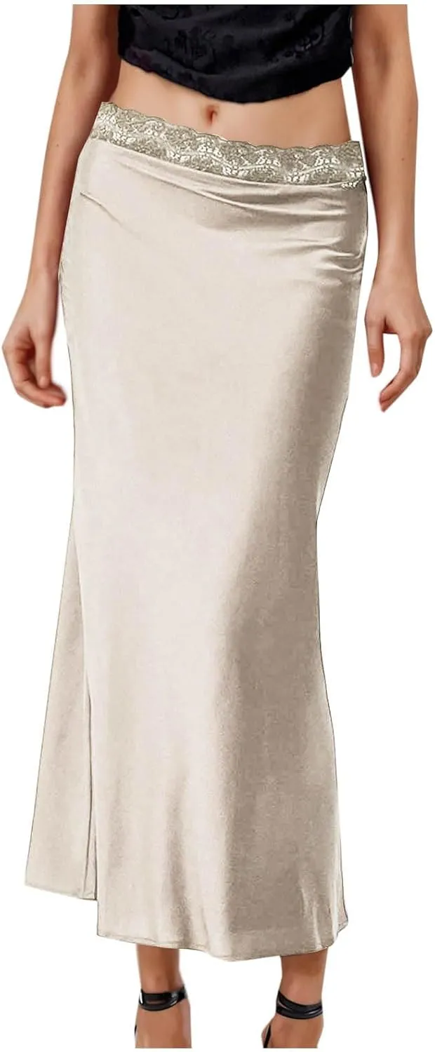 Satin Silk Maxi Skorts Women Summer Dressy Lace High Waist A Line Flared Skirt Casual Fashion Elagant Flowy Skirts