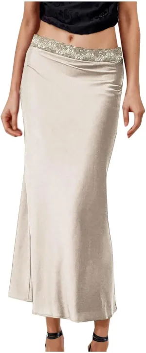 Satin Silk Maxi Skorts Women Summer Dressy Lace High Waist A Line Flared Skirt Casual Fashion Elagant Flowy Skirts